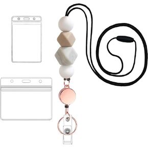 Retractable Badge Reel with Lanyard, Silicone Beaded Lanyards for ID Name Card, Cute Badge Reel with 2 Badge Holders, Necklace Badge Lanyard for Teachers, Students, Nurse, Office Worker (Silver -3)