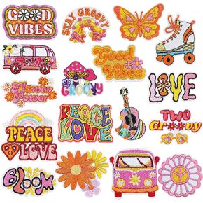 17 Pieces Hippie Patches Iron on Vintage Patches Groovy Boho Peace Sign Embroidered Repair Decoractive Patches Kit for Sew on Clothing Backpack Jackets Jeans Shirt DIY Craft Decorations