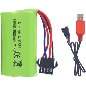 7.4V 500mah SM-4P Plug Charging Battery with USB Charging Cable for EC16 DE85 RC Toy Car Model Off-Road Vehicle Battery M416 Electric Gel Ball Blaster Backup Battery
