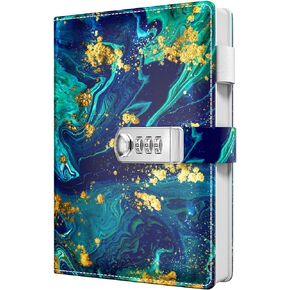 Diary with Lock, Personal Locking Journal for Women girls, Leather Hardcover Notebook A5 5.9" x 8.7", 200 Pages Thick Paper, Cute Lined College Ruled Journals for Writing Journaling,Pink Marble
