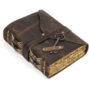 Vintage Leather Journal for Men & Women, 240 Pages of Handmade Deckle Edge Paper with Antique Key Old Looking Diary, Grimoire Journal, Book of Shadows Journal, Sketchbooks for Drawing, Mixed Media