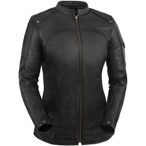 Womens Longer Length Scooter Collar Leather Motorcycle Jacket (Black, Sizes XS-3XL)