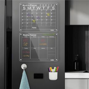 Acrylic Magnetic Monthly and Weekly Calendar Set for Refrigerator. Reusable Planner, Includes 7 Premium Dry Erase Markers with 7 Colors, Magnetic Marker Holder, Magnetic Eraser, Wiping Cloth with Magnetic Hook