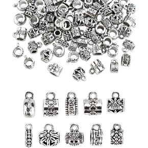 100 Pcs Antique Tibetan Silver Bail Beads, Loose Spacer Bead, Bead Hanger Charm for Jewelry Making DIY Necklace Bracelet, 10 Styles