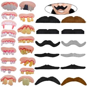17pcs Different Style Fake Teeth & 12pcs Novelty Mustaches,Funny Halloween Novelty Billy Bob Teeth Ugly Fake Teeth False Vampire Fangs Props Costume Party Funny Gag Gift.