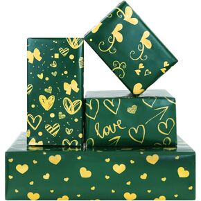 Love Heart Wrapping Paper,4 Folded Sheets Green with Gold Gift Wrapping Paper Love Pattern Craft Paper with Glod Ribbon for Wedding Valentine's Day Women Man Girl Boy Gift Wrap Supplies,28x20 inches