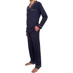 -100% Cotton Jersey Knit, Men's Long Button-Down Sleepwear Pajama Set