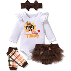 fioukiay Newborn Baby Girls Thanksgiving Clothes Outfits Infant 4pcs Turkey My First Thanksgiving Romper Shorts Clothing Sets