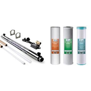 iSpring UVF55FS Whole House UV Water Filter & F3WGB32BM 4.5" x 20" 3-Stage Whole House Water Filter Set Replacement Pack White (Pack of 1)