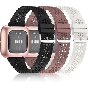 YAXIN 3 Pack Slim Sport Bands Compatible with Fitbit Versa/Versa 2/Versa Lite for Women,Soft Silicone Lace Replacement Wristbands for Fitbit Smart Watch,Black/White/Pink Sand