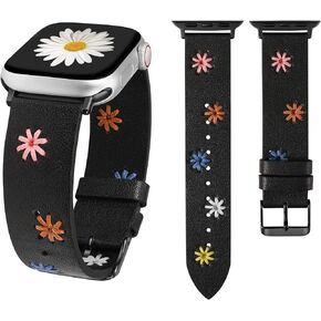 Wearlizer Floral Leather Band Compatible with Apple Watch Band Women 41/40/38mm 45/44/42/49mm (Ultra/Ultra 2) Cute Fancy Handmade Daisy Stitched Designer Strap for iWatch Series 9/8/SE/7/6/5/4/3/2/1
