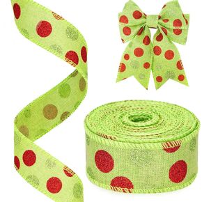 Christmas Wired Ribbon Christmas Wrapping Ribbon Christmas Glitter Red Green Dots Ribbon Burlap Wired Edge Ribbon Solid for Bow Decorative Ribbons for DIY Crafts Tree Decorations