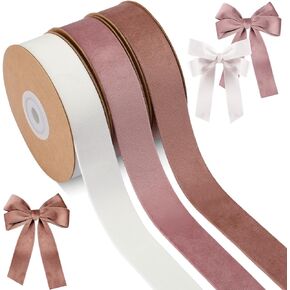 Velvet Ribbons 3 Roll 30 Yard Vintage Velvet Ribbon Gift Wrapping Ribbon for Wedding Craft Wreath Bow Making Handmade Ornaments(Gray Pink, Russet Red, White, 1")