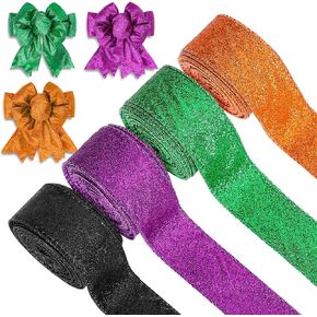 Whaline 40 Yards Halloween Glitter Wired Ribbon Green Orange Purple Black Gift Wrapping Ribbon Halloween Decorative Ribbon for Crafts Bow Wreath Gift Wrapping Halloween Party Decor, 4 Rolls
