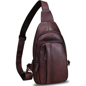 IVTG Genuine Leather Sling Bag Crossbody Casual Hiking Daypack Vintage Handmade Chest Shoulder Backpack Motorcycle Cycling Purses (Black)