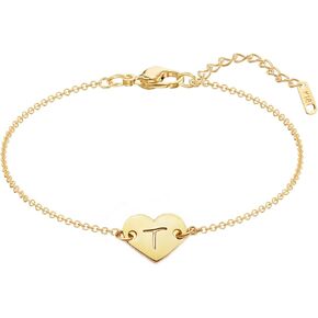 Heart Initial Bracelet, 18K Gold Plated Stainless Steel Lovely Heart Charm Bracelet Dainty Small Letter Bracelet Personalized Monogram Name Bracelet for Women Girls