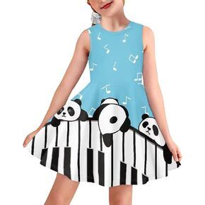 فستان كارتون باندا مطبوع على شكل حرف A من Twirly Skater للفتيات في الحفلات المدرسية مناسب ومضيئ، فساتين الشمس المتدفقة، فستان موسيقي، لوحة مفاتيح البيانو الموسيقية، بدون أكمام، رقبة مستديرة، لعمر 5-6 سنوات in Kuwait