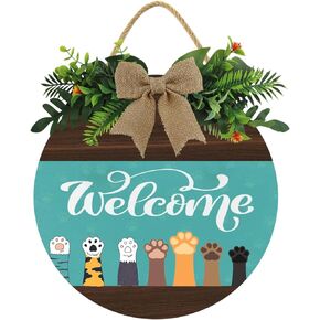 KPSheng Welcome Cute Cat Paws Door Sign, Farmhouse Door Sign for Front Door Porch Decor with Eucalyptus Leaves & Buffalo Bow,12inch Welcome Wreath Sign Hanging for Cats Lovers Christmas Decoration