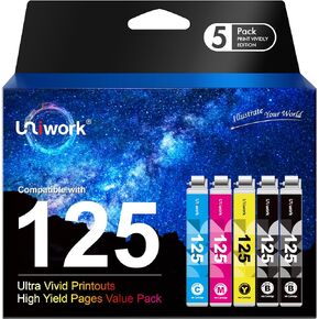 Uniwork Remanufactured 125 Ink Cartridge Replacement for Epson 125 T125 use for NX125 NX127 NX130 NX230 NX420 NX530 NX625 Workforce 320 323 325 520 Printer (2 Black, 1 Cyan, 1 Magenta, 1 Yellow)