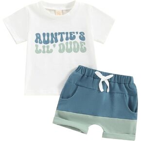 Gueuusu Baby Boy Clothes Toddler Short Sleeve Auntie 's Boy Letter Print T Shirt and Shorts Set Cute 2Pcs Summer Outfit