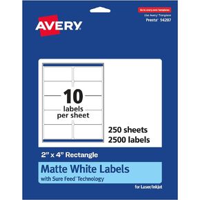 Avery Matte White Rectangle Labels with Sure Feed, 2" x 4", 250 Matte White Printable Labels