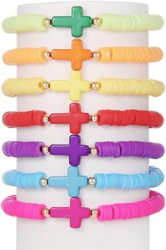 XAM 6-7PCS Colorful Clay Beaded Stretch Bracelets Set Flower Cross Love Heart Summer Boho Beach Jewelry for Women Girls Valentines Day Gift in Saudi Arabia