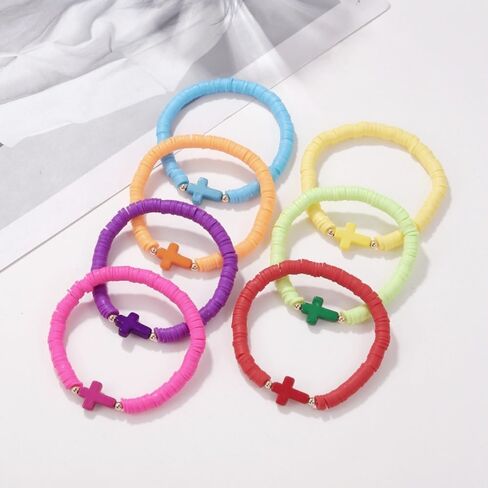 XAM 6-7PCS Colorful Clay Beaded Stretch Bracelets Set Flower Cross Love Heart Summer Boho Beach Jewelry for Women Girls Valentines Day Gift in Saudi Arabia
