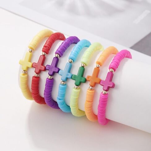 XAM 6-7PCS Colorful Clay Beaded Stretch Bracelets Set Flower Cross Love Heart Summer Boho Beach Jewelry for Women Girls Valentines Day Gift in Saudi Arabia