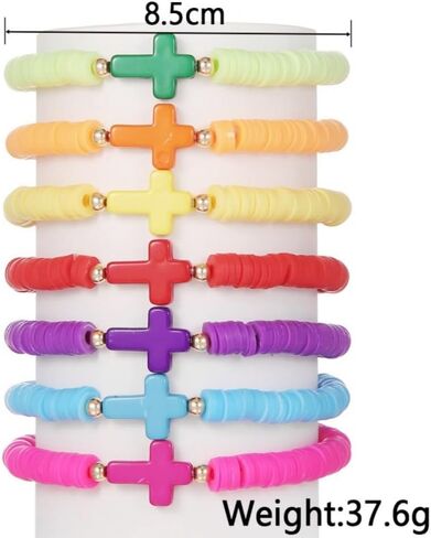 XAM 6-7PCS Colorful Clay Beaded Stretch Bracelets Set Flower Cross Love Heart Summer Boho Beach Jewelry for Women Girls Valentines Day Gift in Saudi Arabia