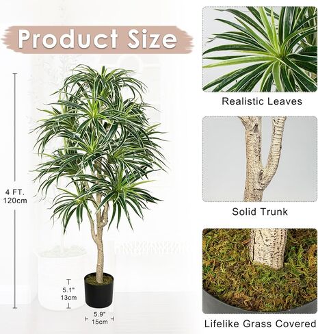 Hollyone 4ft Artificial Tree Faux Dracaena Tree Indoor Plant Evergreen Dracaena Fake Palm Tropical Floor Plant in Pot for Home Office Living Room Garden Indoor Outdoor Decor in Saudi Arabia