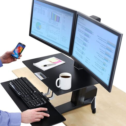 Ergotron - محول مكتب قائم بشاشتين WorkFit-S، محطة عمل بحامل للجلوس لأجهزة الكمبيوتر اللوحية - مع سطح عمل، أسود in Kuwait