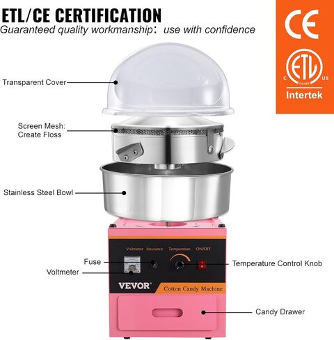 VEVOR Electric Cotton Candy Machine, 1000W Commercial Floss Maker w/Stainless Steel Bowl, Sugar Scoop and Drawer, Perfect for Home, Carnival, Kids Birthday, Family Party, Pink | With Stainless Steel Bowl, Sugar Scoop and Drawer, Perfect for Home, Carnival in Saudi Arabia