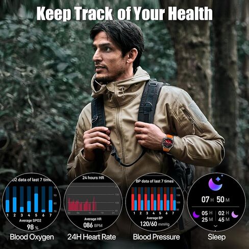 ساعة ذكية WalkerFit للرجال، Reloj Inteligente para Hombre، بطارية طويلة جدًا 60 يومًا، ساعة ذكية عسكرية متينة مقاومة للماء مع شاشة AMOLED مقاس 1.43 بوصة، ساعة ذكية تعمل بنظام Android متوافقة مع iPhone، حزام إضافي in Kuwait