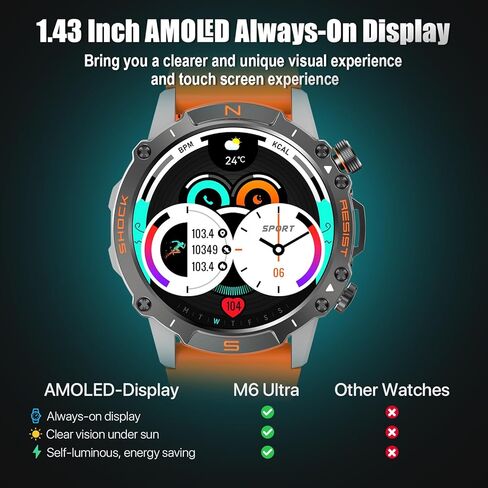 ساعة ذكية WalkerFit للرجال، Reloj Inteligente para Hombre، بطارية طويلة جدًا 60 يومًا، ساعة ذكية عسكرية متينة مقاومة للماء مع شاشة AMOLED مقاس 1.43 بوصة، ساعة ذكية تعمل بنظام Android متوافقة مع iPhone، حزام إضافي in Kuwait