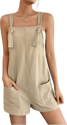 MakeMeChic Women's Casual Wide Strap Sleeveless Cami Jumpsuit Loose Fit Solid Short Rompers with Pocket in Saudi Arabia