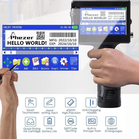 طابعة نفث الحبر المحمولة P15 لأي سطح، فوهة 0.5 بوصة لرمز QRCode، تاريخ الإنتاج، الشعار، رقم الدفعة، الطباعة على حقيبة زجاجية، صندوق كرتوني، قماش خشبي، كابل بلاستيكي (25 لغة) in Kuwait