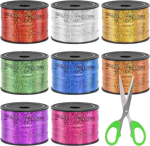 Swpeet 9Pcs 1/5" Wide x 100 Yards Metallic Curling Ribbon with Scissors Kit, 8 Colors Crimped Curling Ribbon Balloon Ribbon Gift Wrap for Gift Wrapping Party Festival Art Decoration Supplies in Saudi Arabia