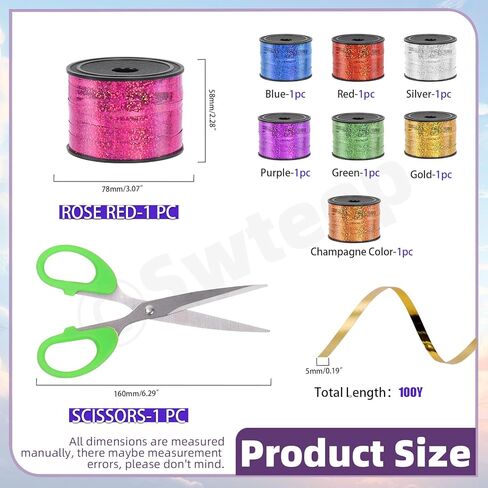 Swpeet 9Pcs 1/5" Wide x 100 Yards Metallic Curling Ribbon with Scissors Kit, 8 Colors Crimped Curling Ribbon Balloon Ribbon Gift Wrap for Gift Wrapping Party Festival Art Decoration Supplies in Saudi Arabia