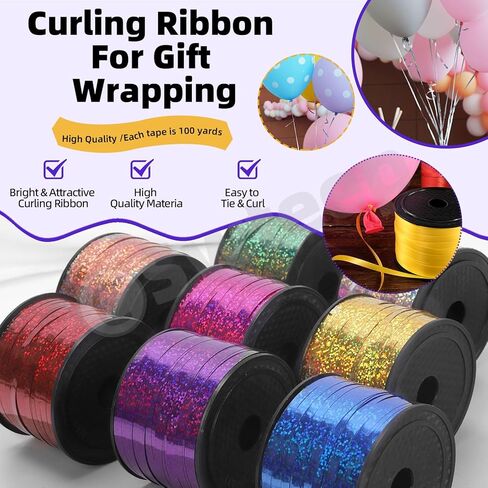 Swpeet 9Pcs 1/5" Wide x 100 Yards Metallic Curling Ribbon with Scissors Kit, 8 Colors Crimped Curling Ribbon Balloon Ribbon Gift Wrap for Gift Wrapping Party Festival Art Decoration Supplies in Saudi Arabia