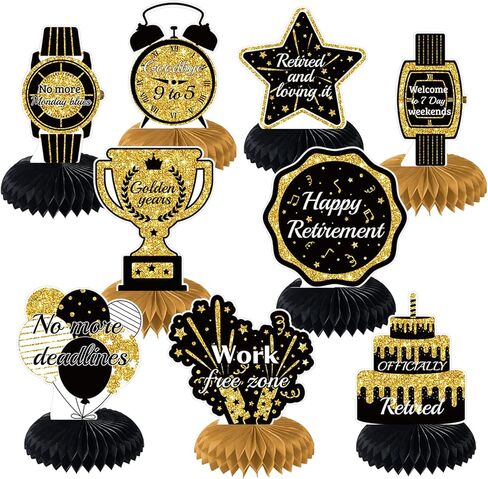 9PCS Retirement Party Honeycomb Centerpieces Black Gold Retirement Party Decorations Glitter Table Decorations for Happy Retirement Party Supplies Retirement Table Toppers for Man and Women in Kuwait