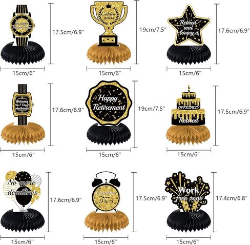 9PCS Retirement Party Honeycomb Centerpieces Black Gold Retirement Party Decorations Glitter Table Decorations for Happy Retirement Party Supplies Retirement Table Toppers for Man and Women in Kuwait