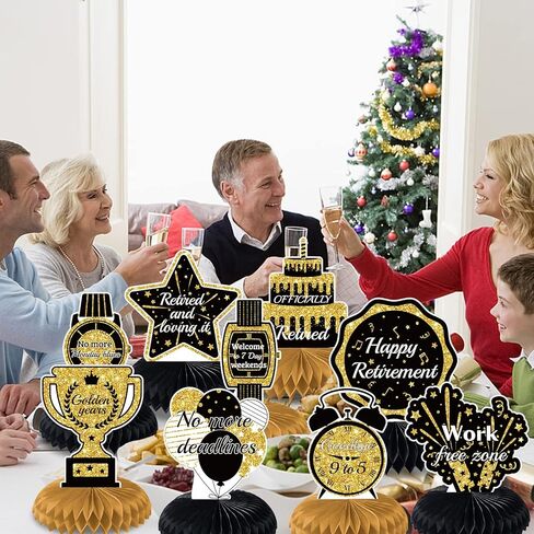 9PCS Retirement Party Honeycomb Centerpieces Black Gold Retirement Party Decorations Glitter Table Decorations for Happy Retirement Party Supplies Retirement Table Toppers for Man and Women in Kuwait