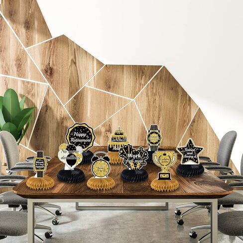 9PCS Retirement Party Honeycomb Centerpieces Black Gold Retirement Party Decorations Glitter Table Decorations for Happy Retirement Party Supplies Retirement Table Toppers for Man and Women in Kuwait