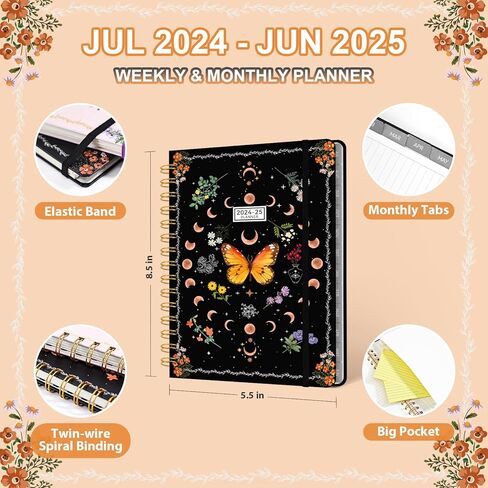 2024-2025 كتاب جدول الأعمال اليومي الأسبوعي والشهري بغلاف مقوى، يوليو 2024-يونيو 2025، دفتر ملاحظات المهام مع علامات تبويب شهرية، جيب داخلي، غلاف حلزوني، إغلاق مرن، ورق سميك (فراشة، 5.5*8.5) in Kuwait
