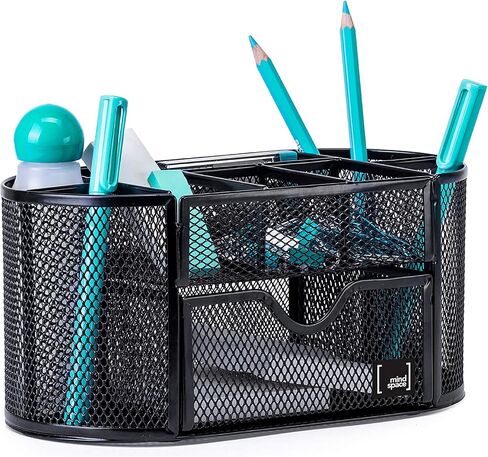 Mindspace Office Desk Organizer with 8 Compartments + Drawer | Desk Caddy Pen Holder For Office Accessories | The Mesh Collection, Black in Saudi Arabia