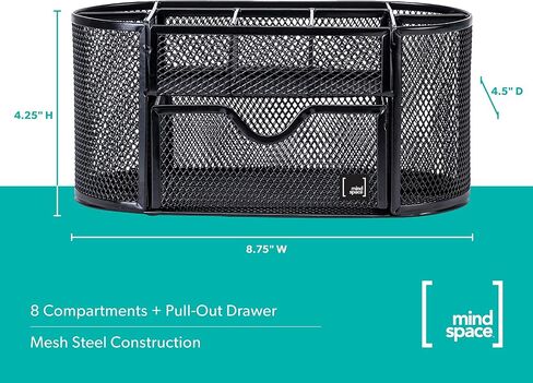 Mindspace Office Desk Organizer with 8 Compartments + Drawer | Desk Caddy Pen Holder For Office Accessories | The Mesh Collection, Black in Saudi Arabia