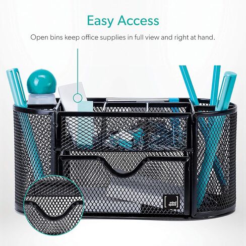Mindspace Office Desk Organizer with 8 Compartments + Drawer | Desk Caddy Pen Holder For Office Accessories | The Mesh Collection, Black in Saudi Arabia