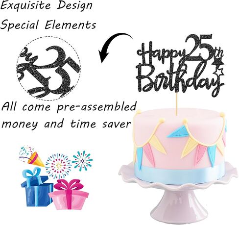 غلاف كعكة عيد الميلاد الخامس والعشرون باللون الأسود اللامع للأولاد والبنات، مرحبًا بالذكرى السنوية الخامسة والعشرين، زينة الحفلات ببهجة حتى 25 عامًا in Kuwait