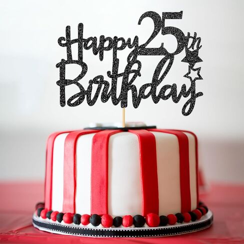 غلاف كعكة عيد الميلاد الخامس والعشرون باللون الأسود اللامع للأولاد والبنات، مرحبًا بالذكرى السنوية الخامسة والعشرين، زينة الحفلات ببهجة حتى 25 عامًا in Kuwait