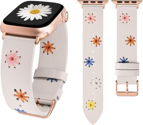 حزام من الجلد المزين بالزهور من Wearlizer متوافق مع سوار ساعة Apple للنساء 41/40/38 مم 45/44/42/49 مم (Ultra/Ultra 2) حزام مصمم مخيط يدويًا لطيف ورائع لسلسلة iWatch 9/8/SE/7/6/5/ 4/3/2/1 in Saudi Arabia